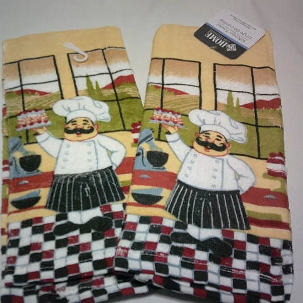 LOT 2 NEW HOME COLLECTION KITCHEN HAND TOWELS FAT ITALIAN CHEF DESIGN 15X25